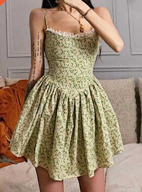 2022 New Short Baless Strap A Swing Floral Sling Dress dr