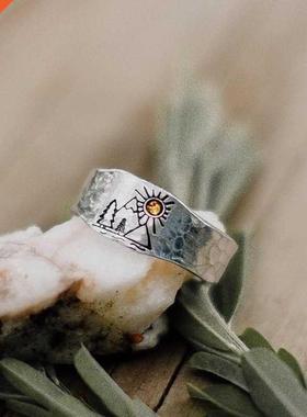 Forest Mountin Sun Nture Lndscpe Crved Ring for Women M