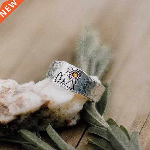 Forest Mountin Sun Nture Lndscpe Crved Ring for Women M