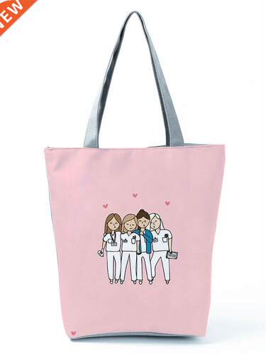Cartoon Ladies Nurse Printed Handbag Foldable High Capacity