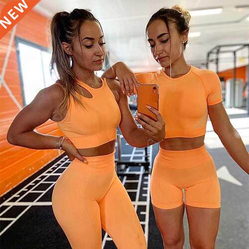 Seamless Sport Set Women Long 2pcs Two Piece Crop Top Bra Sh