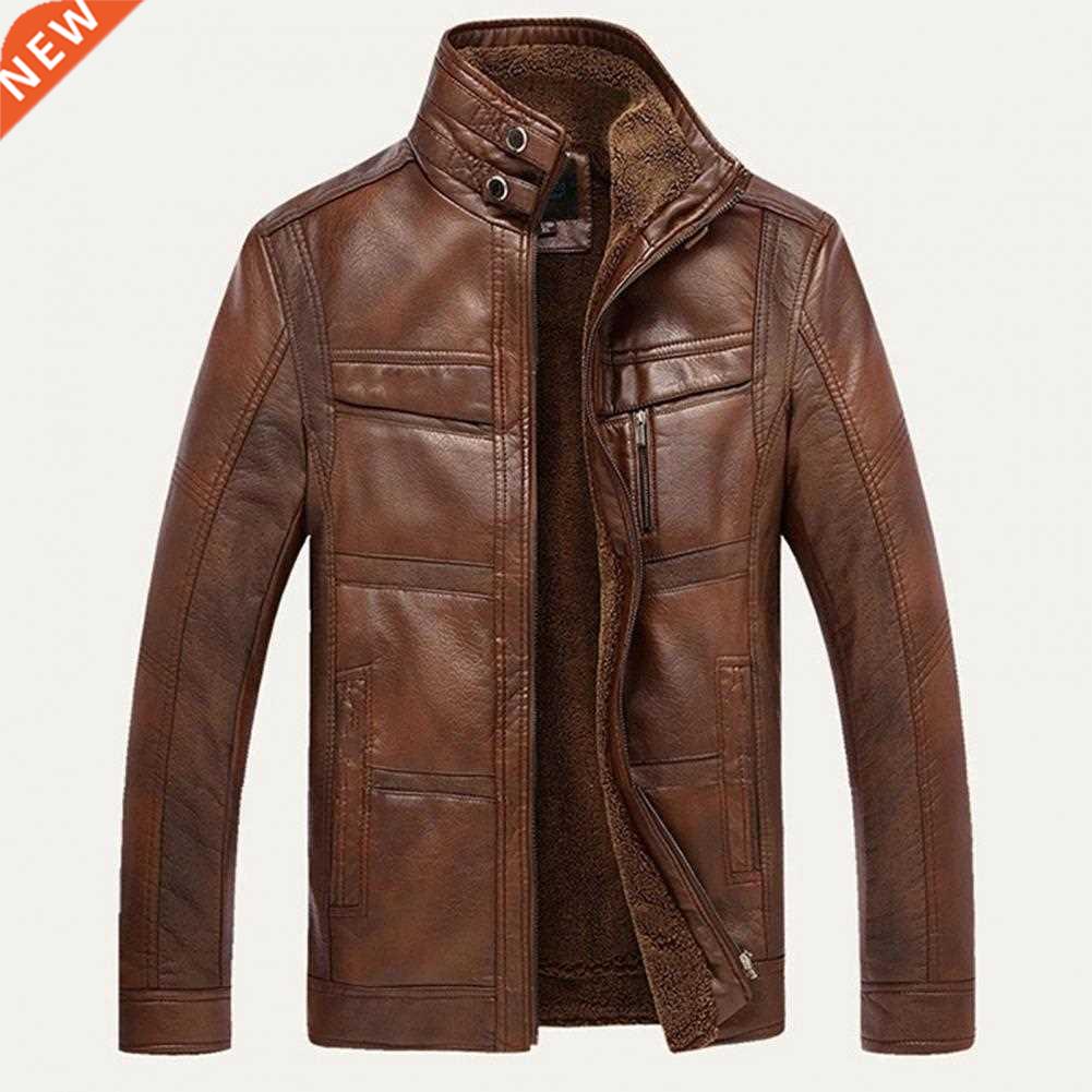 Men Jacket Long Sleeve Stand Collar Faux Leather Fleece Line