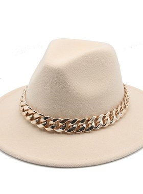 Fedora Hats Women Men Wide Brim Thick Gold Chain Band Felted