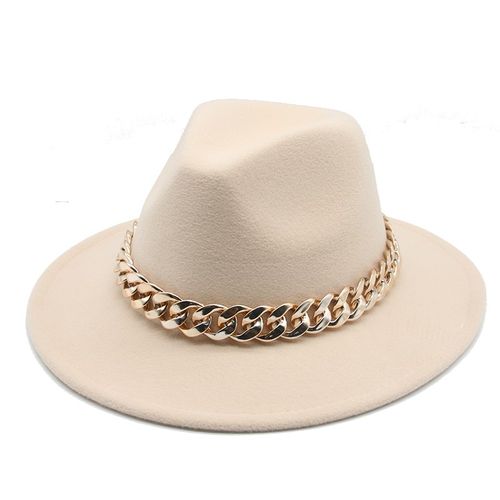 Fedora Hats Women Men Wide Brim Thick Gold Chain Band Felted