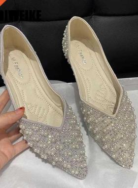 Glitter crystal pearl ballet shoes women Pointed toe slip on