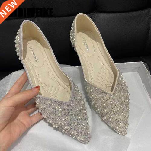 Glitter crystal pearl ballet shoes women Pointed toe slip on
