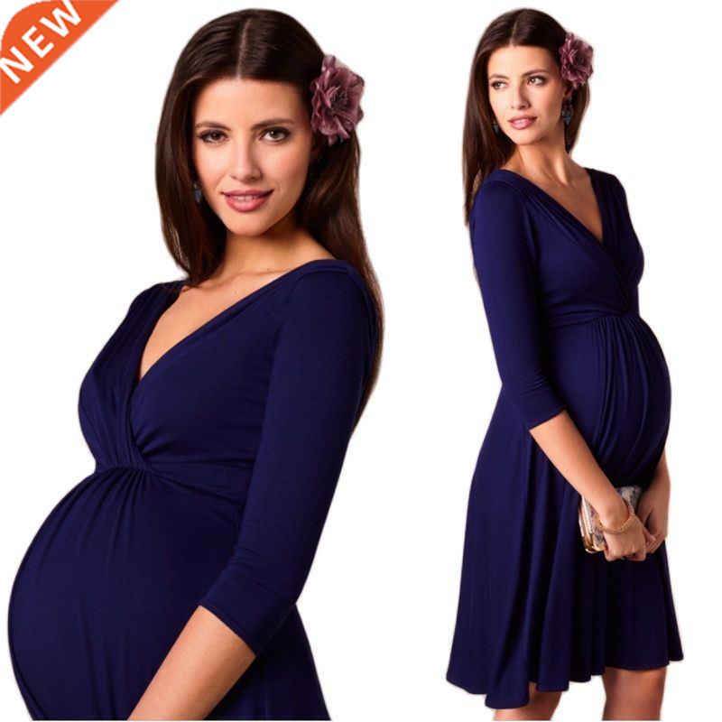 Dresses For Women Pregnant Dresses Maternity V-ne Three Qu图片