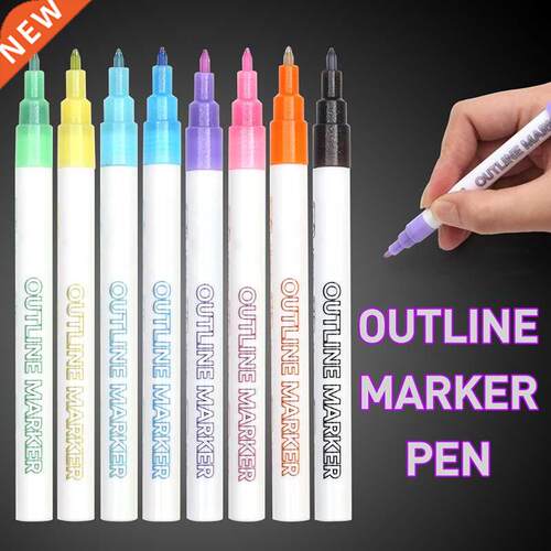 Double Line Pen, 8 Colors Glitter Marker Pen Fluorescent Out