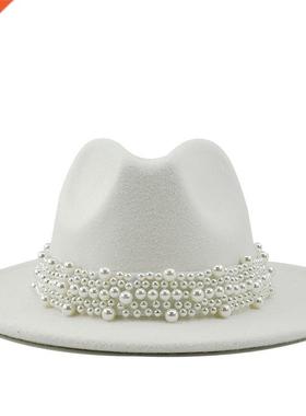 Wool Jazz Fedora Hats Casual Men Women Leather Pearl ribbon