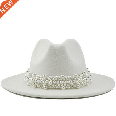 Wool Jazz Fedora Hats Casual Men Women Leather Pearl ribbon