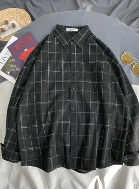 Spring and autumn Hong Kong style ins plaid shirt men's long
