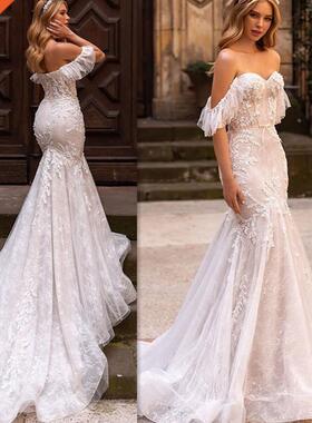 Luxury Cap Sleeves Lace Wedding Dress Mermaid 2022 Sweethear