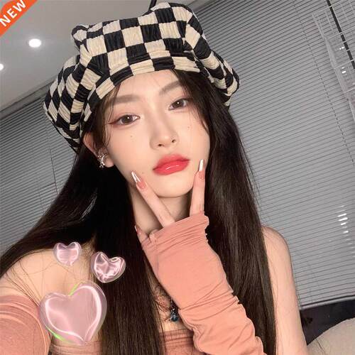 INS British Houndstooth Beret Cap For Women Korean Version O