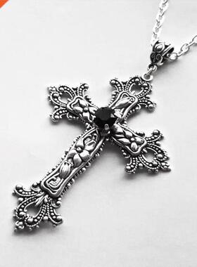 Large Detailed Cross Black Drill Jewel Necklace Silver Color