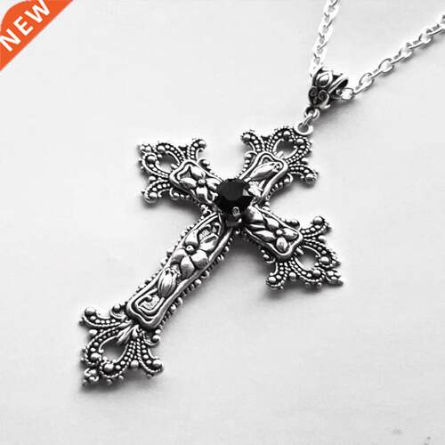 Large Detailed Cross Black Drill Jewel Necklace Silver Color