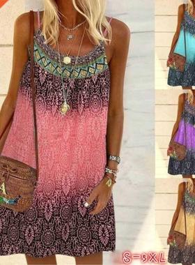 Summer Boheman Dress Women Vntage Prnted Spaghett Strap