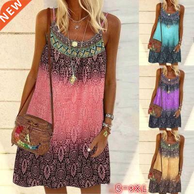 Summer Boheman Dress Women Vntage Prnted Spaghett Strap