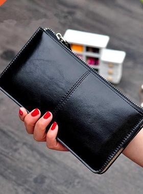 Women's Vintage Oil Wax Leather Zipper Clutch Wallet Fem