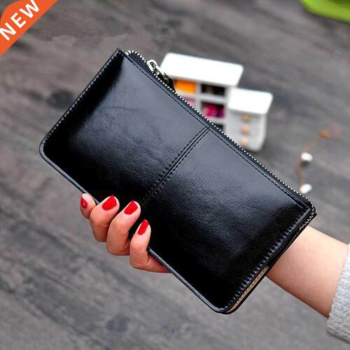Women's Vintage Oil Wax Leather Zipper Clutch Wallet Fem
