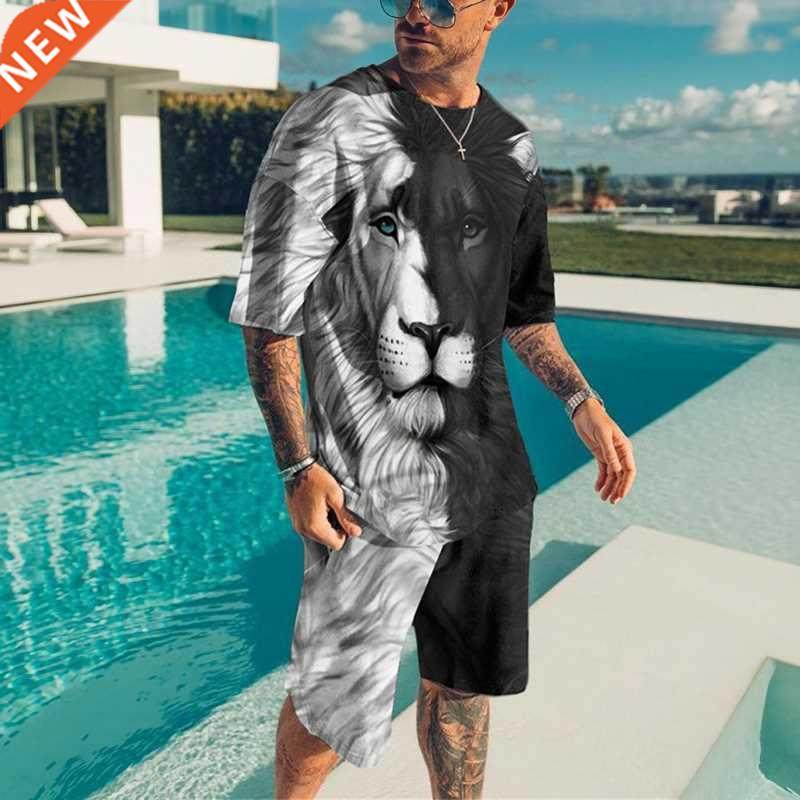 T Shirt Set for Men 3D lion Printed 2 Piece Casual Sets Summ