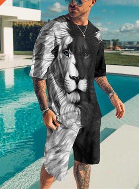 T Shirt Set for Men 3D lion Printed 2 Piece Casual Sets Summ