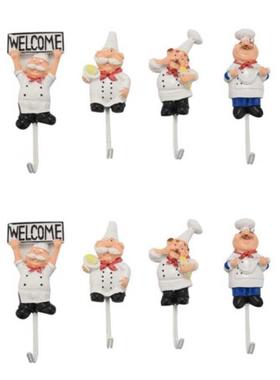 Pack Of 8 Resin French Chef Figurine Wall Hooks Decorative C