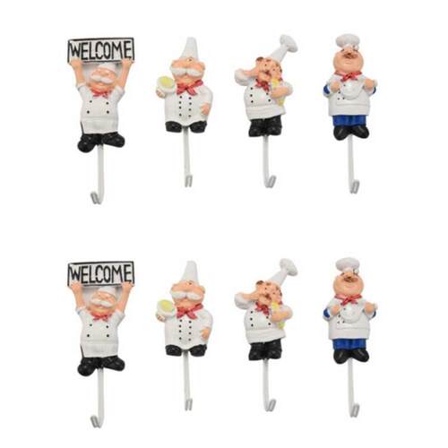 Pack Of 8 Resin French Chef Figurine Wall Hooks Decorative C