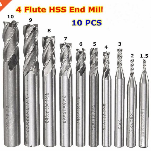 10Pcs HSS End Mill Straight Shank 4 Flutes CNC Milling Cutte