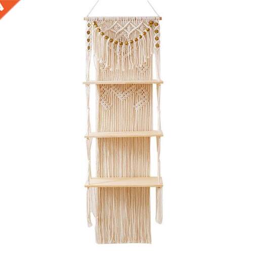 Macrame Wall Hanging 3-Tier Floating Wall Shelves for Bedroo