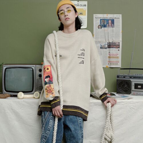 Oversized Sweater Men Pullovers Gengar Autumn Van Gogh Print
