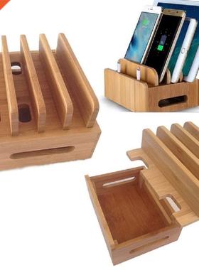Bamboo Docking Station Wooden Desktop Organizer Charging Sta