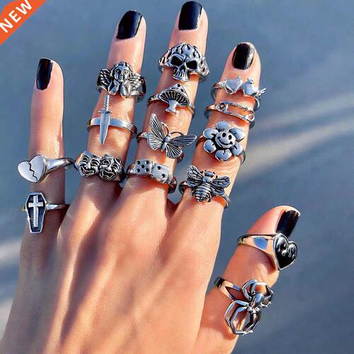 Vintage Gothic Skull Flower Angel Rings for Women Hip Hop Si