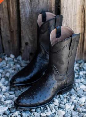 Men Classic Short Boots Embroidery Leather Shoes Round Toe R