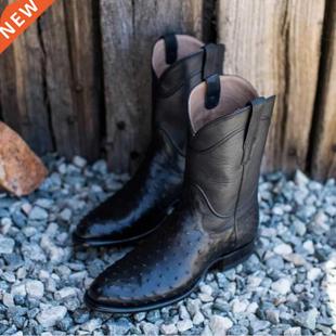 Men Classic Short Boots Embroidery Leather Shoes Round Toe R