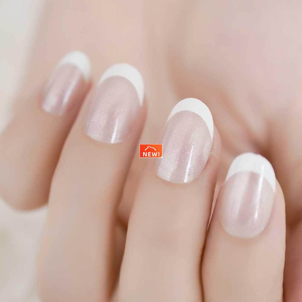 White Crescent Fake Nails Press On Clear Glitter Pattern