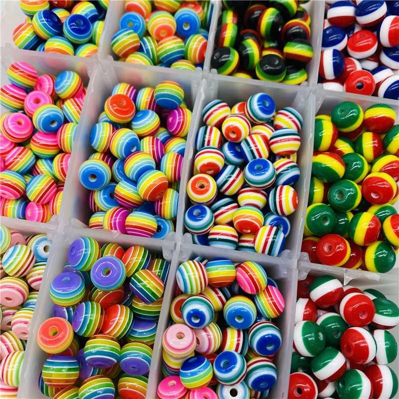 50pcs 8mm Resin Beads Round Rainbow Stripe Loose Spacer Bead