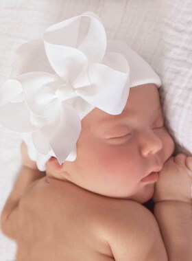 Newborn Baby Knit Hat with Large Ribbon Bow Infant Hospital