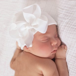 Newborn Baby Knit Hat with Large Ribbon Bow Infant Hospital