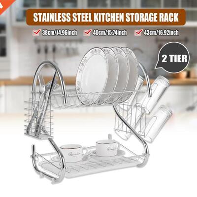 2 Tiers 43CM Dish Drainer Stainless Kitchen Dish Rack Storag