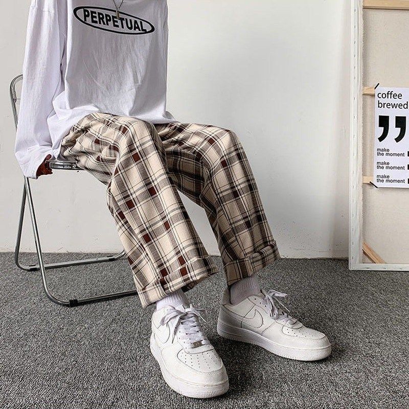 Men Pants Plaid Loose Comfortable Retro Casual  All-match El