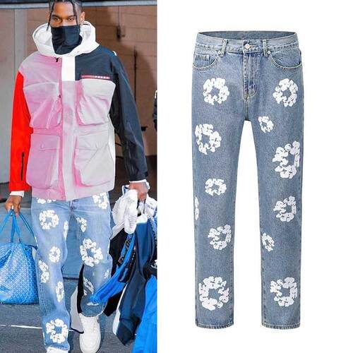 Harajuku Color Block Flower Full Print Kanye Jeans Pants Ove