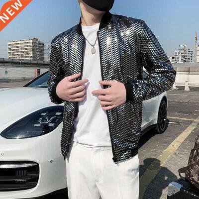 2022 Spring Sequined Bomber Jacket Men Shiny Sequins Long Sl
