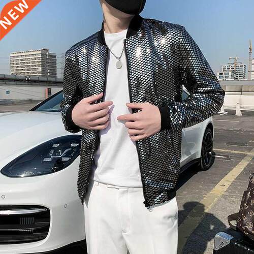 2022 Spring Sequined Bomber Jacket Men Shiny Sequins Long Sl