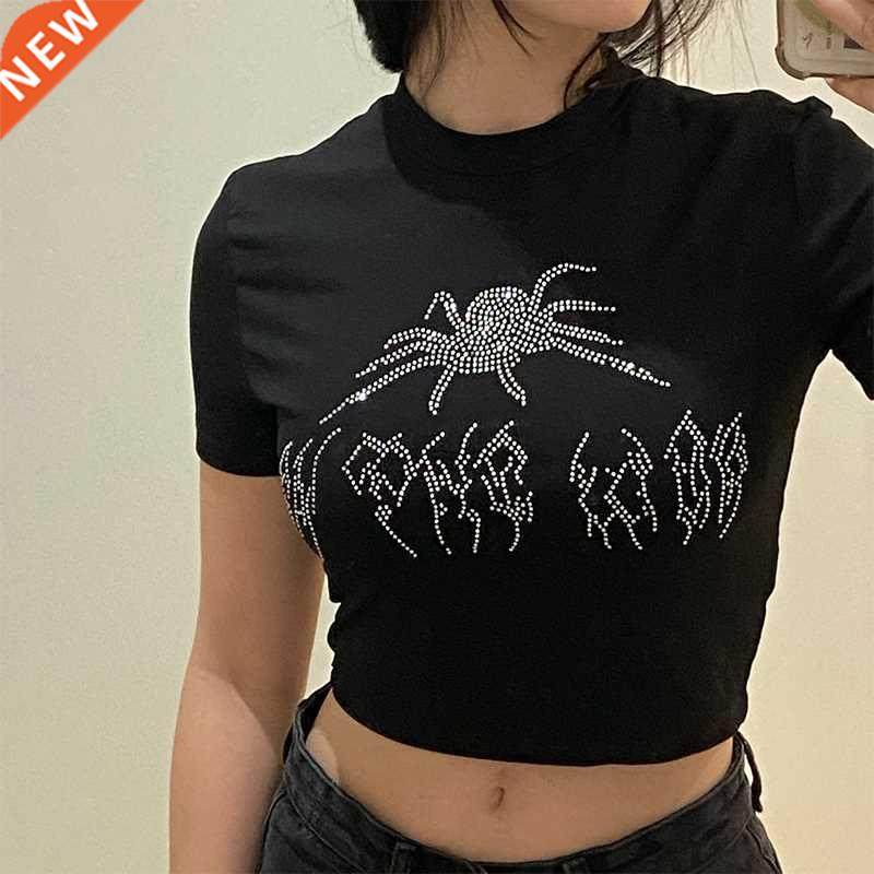 Punk Vintage Rhinestone Spider Goth Graphic T Shirt Women Y2