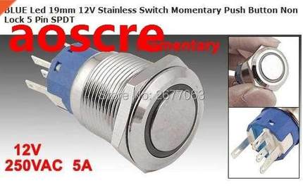 BLUE Led 19mm 12V Stinless Switch Momentry Push Button 5