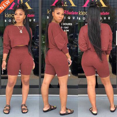 Hot Women Slim Daily Outfits Shorts, Long Sleeve Solid Color