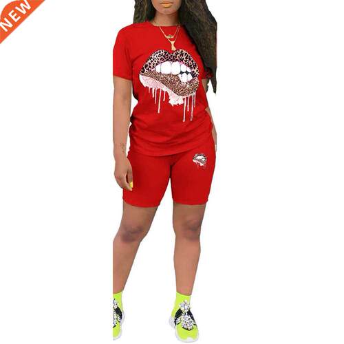 Women Short Sleeve Lips Printed T-shirt Top Elastic Waist Sh
