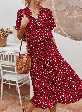 Ladies Bohemian Leopard Print Shirt Dress Women Casual Midi