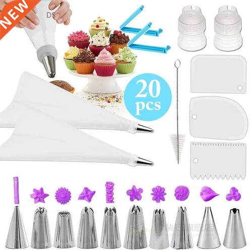 20pcs Silicone Pastry Bags Tips 10 Icing Piping Nozzles + Cr