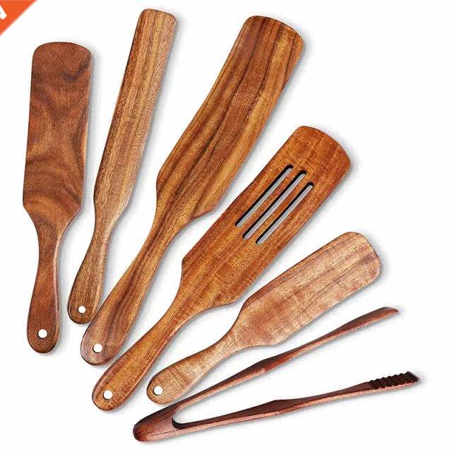 6 Pcs Wooden Spurtle Set, Teak Spurtle Set Heat Resstant Wo